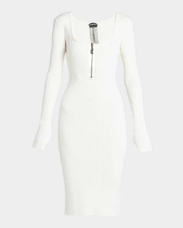 Square-Neck Zip-Front Rib Dress, 5gg